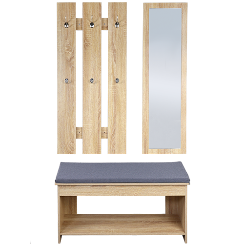 Sieninė drabužių kabykla su veidrodžiu ir suoliuku