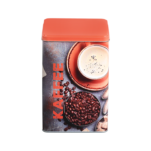 Kavos skardinė, kvadratinė, oranžinė