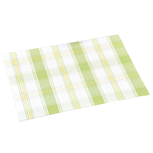 Žalios ir baltos spalvos languota plastikinė lėkštelė.