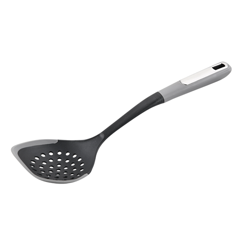 Maisto gaminimo šaukštas, plastikinis, pilkos spalvos, apvalus, su skylutėmis