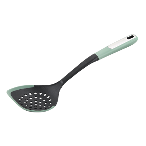 Maisto gaminimo šaukštas, plastikinis, žalias, apvalus, su skylutėmis