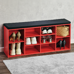 Shoe cabinet/bench, red, with seat cushion