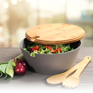 Obst-und Salatschale mit Besteck, grau
