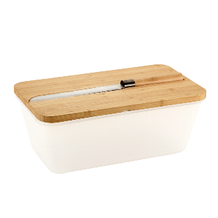 Bread box with bamboo top and integrated bread cutter, white